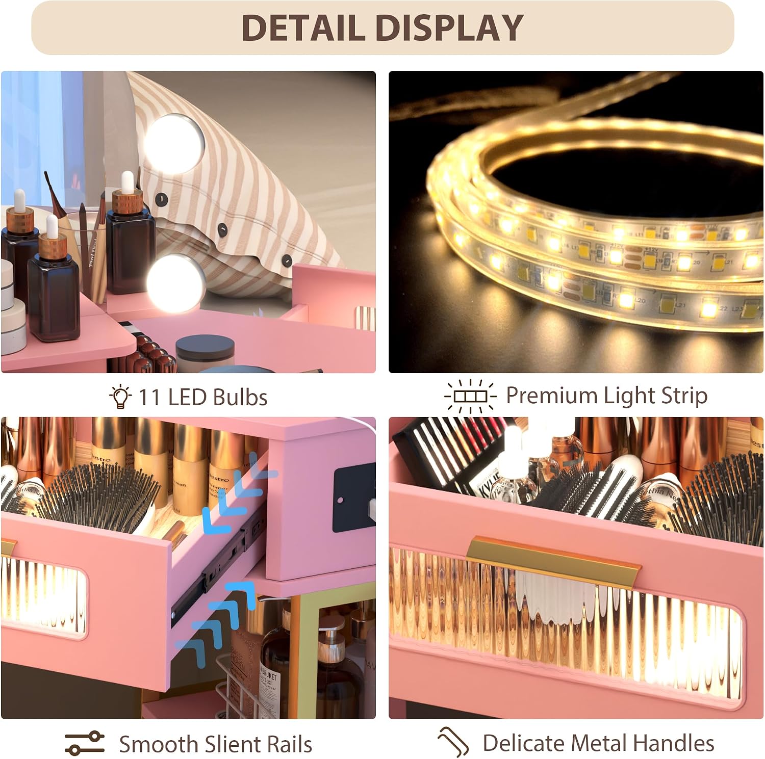 Lareth Corner Vanity Desk with 3 Way Mirror and Lights, Modern Makeup Vanity with Charging Station, Stool, 45.5' Large Bedroom Dressing Table with 2 Drawers & Shelves, Gifts for Girls Women, Pink