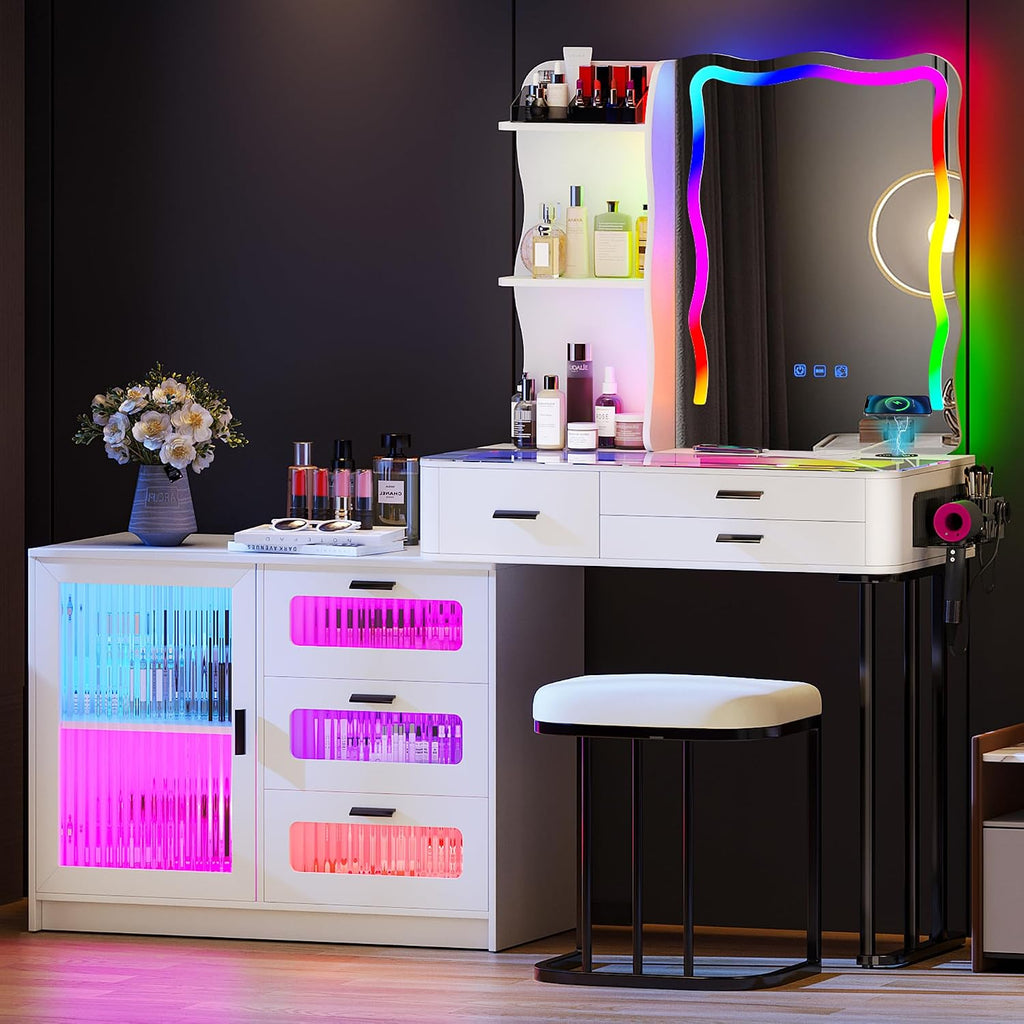 Lvifur RGB Make up Vanity Desk with Lights, Glass Top Vanity Table with 24 Color Dimmable Lights, Large Vanity Set with 8 Drawers, Dressing Table with Cushioned Stool