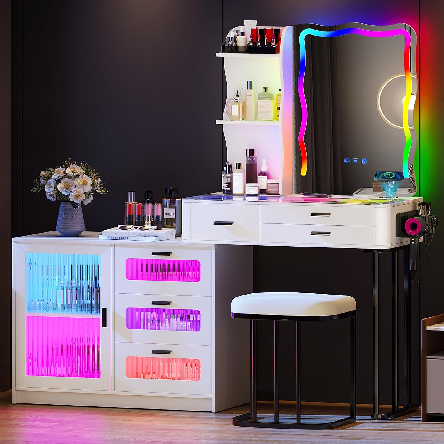 Lvifur RGB Make up Vanity Desk with Lights, Glass Top Vanity Table with 24 Color Dimmable Lights, Large Vanity Set with 8 Drawers, Dressing Table with Cushioned Stool
