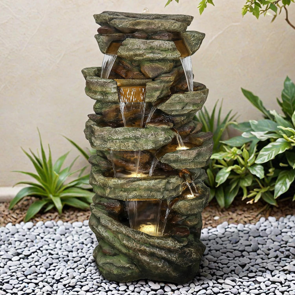 SunJet 59' High Multi-Tiers Cascading Rock Outdoor Water Fountain with LED Lights - Large Outdoor Fountains and Waterfalls for Garden or Patio, Yard, and Deck Decor, Featuring Natural Stone Look