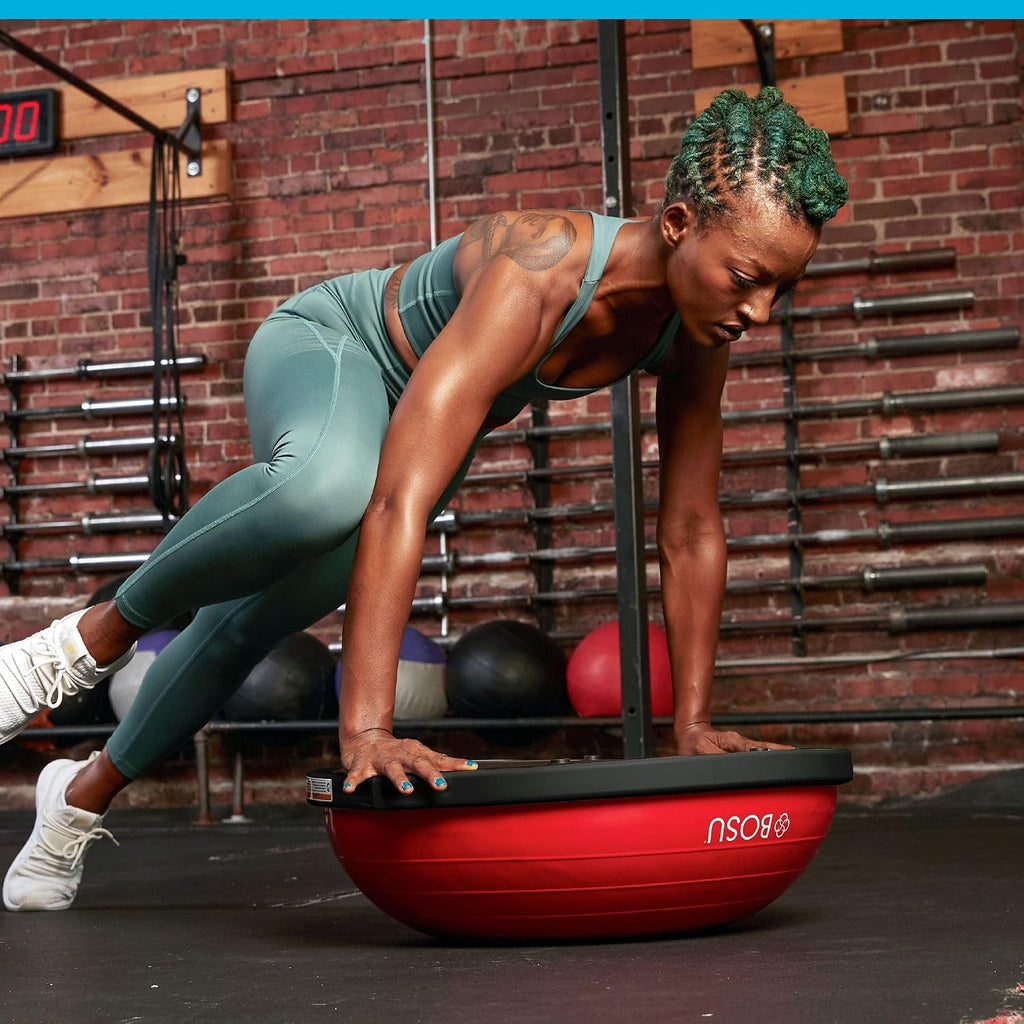 Bosu Balance Ball Exercise Trainer, Home Gym Equipment w/Guided Workouts & Pump, 26' Inflatable Fitness Platform for Strength Training, Standing, Balancing, and Core Workout