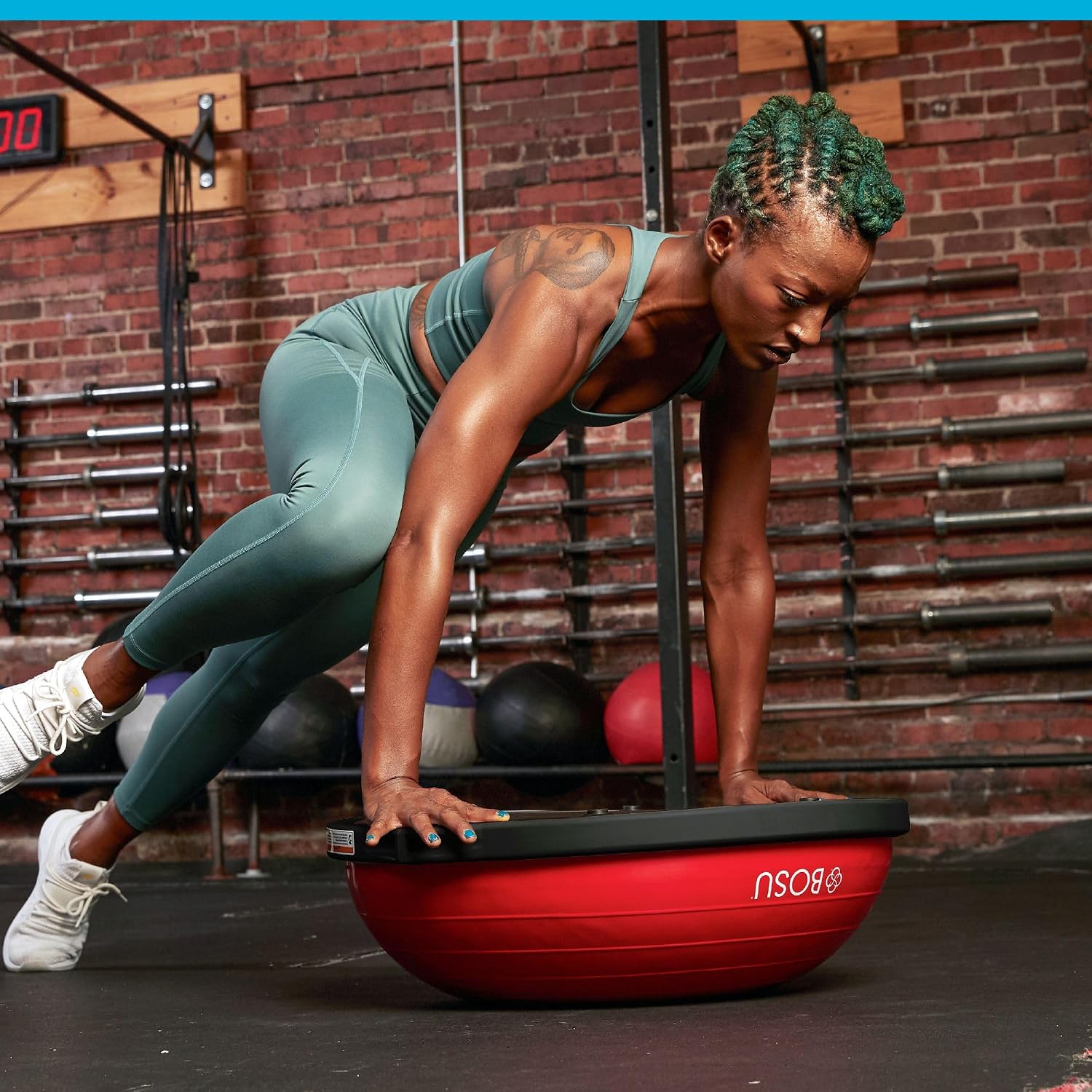 Bosu Balance Ball Exercise Trainer, Home Gym Equipment w/Guided Workouts & Pump, 26' Inflatable Fitness Platform for Strength Training, Standing, Balancing, and Core Workout