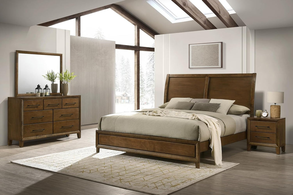 New Classic Furniture Ballard 4-Piece Wood King Bedroom Set with Nightstand, Walnut Brown