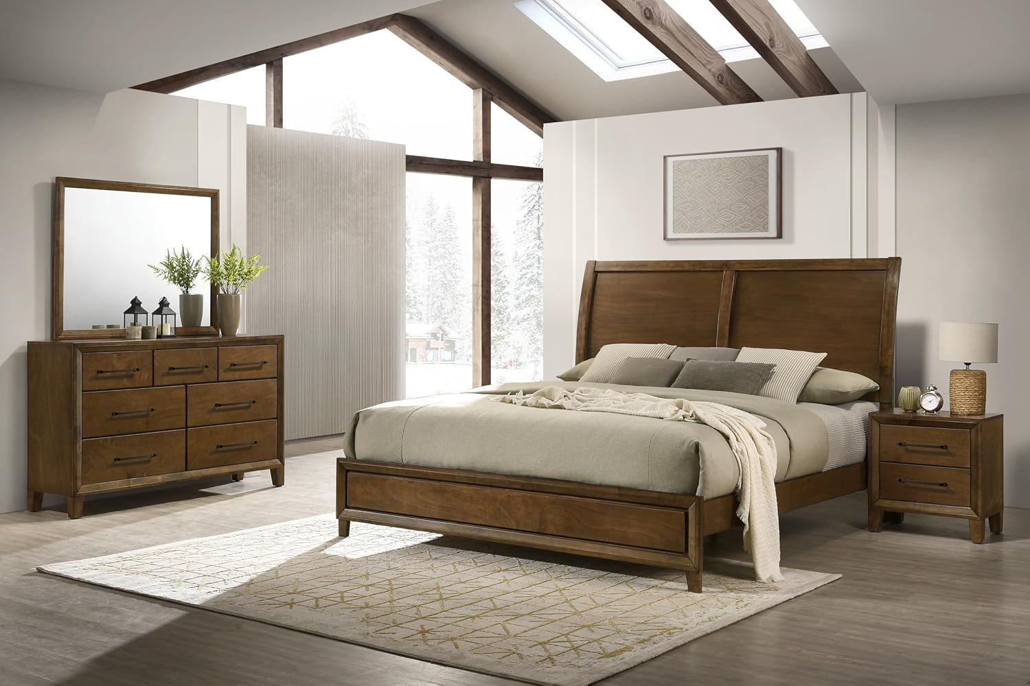 New Classic Furniture Ballard 4-Piece Wood King Bedroom Set with Nightstand, Walnut Brown