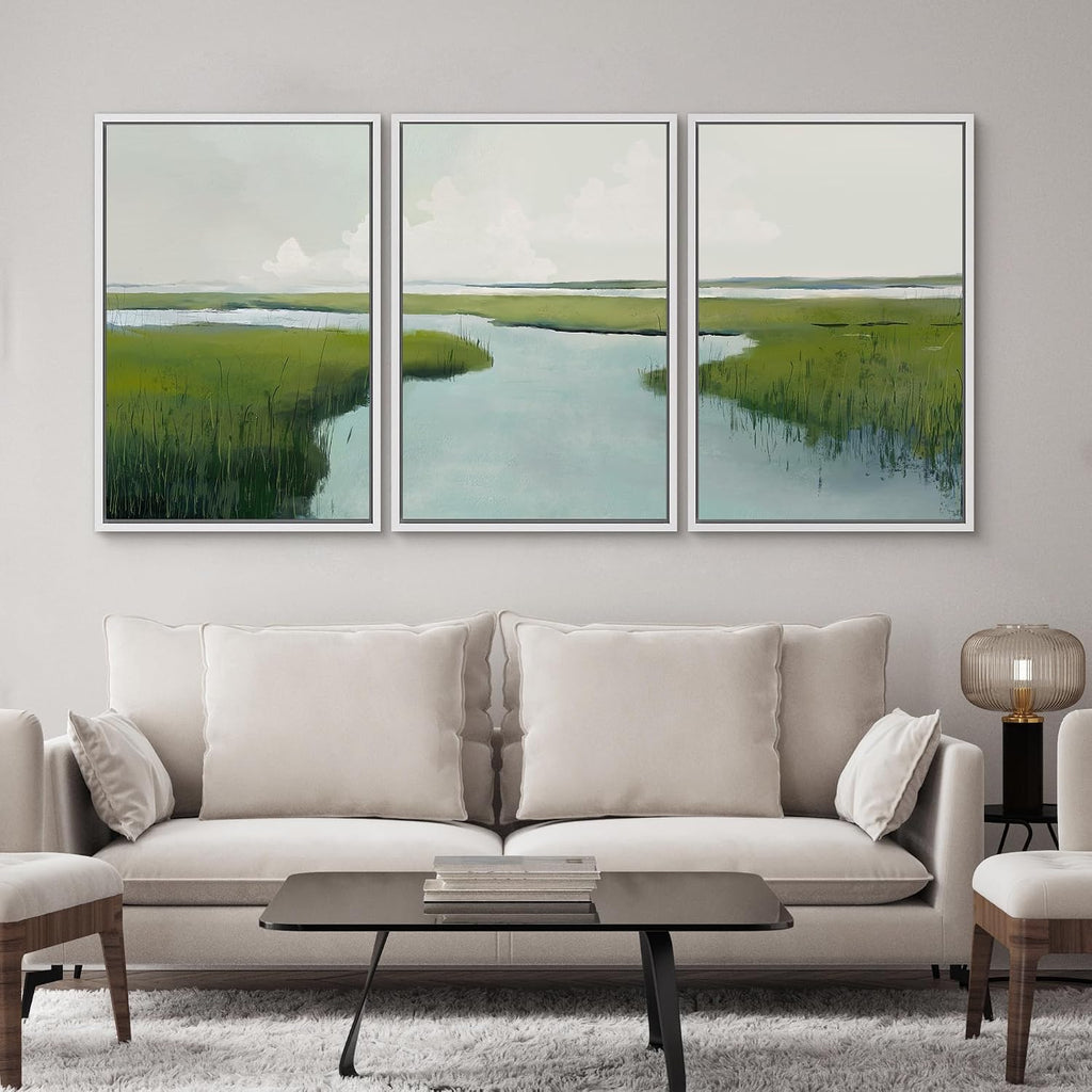 SIGNWIN Framed Canvas Print Wall Art Set Serene Marshland with Green Wetlands and Tranquil Water Illustrations Modern Art Decorative Rustic Zen for Living Room, Bedroom, Office - 16'x24'x3 White