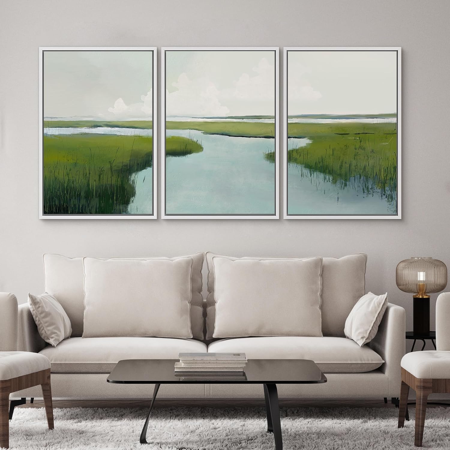 SIGNWIN Framed Canvas Print Wall Art Set Serene Marshland with Green Wetlands and Tranquil Water Illustrations Modern Art Decorative Rustic Zen for Living Room, Bedroom, Office - 16'x24'x3 White