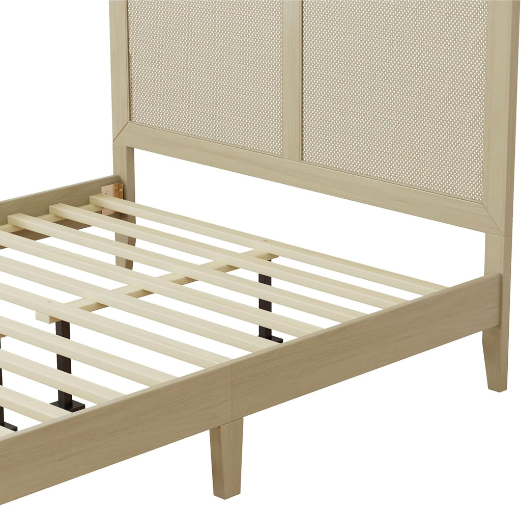 Christopher Knight Home Eudoca Natural Farmhouse Wooden Queen Bed Frame with Woven Rattan Headboard, Rubberwood Platform Bed Frame Queen Size, Rectangular Queen Size Bed Frame, No Box Spring Needed