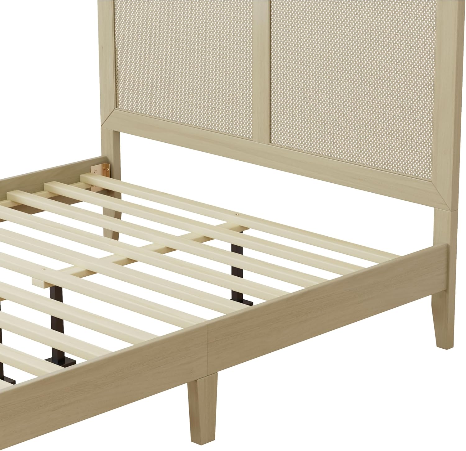 Christopher Knight Home Eudoca Natural Farmhouse Wooden Queen Bed Frame with Woven Rattan Headboard, Rubberwood Platform Bed Frame Queen Size, Rectangular Queen Size Bed Frame, No Box Spring Needed