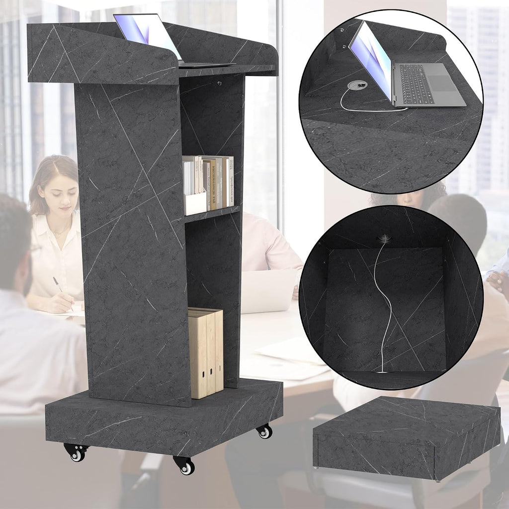 Wooden Podium Stand with Footrest, Rolling Lectern with Storage, Marble Texture Finish, 23.6' Desktop, Built-in Cable Holes, Sturdy Base, Mobile Pulpit for Churches, Conferences & Offices