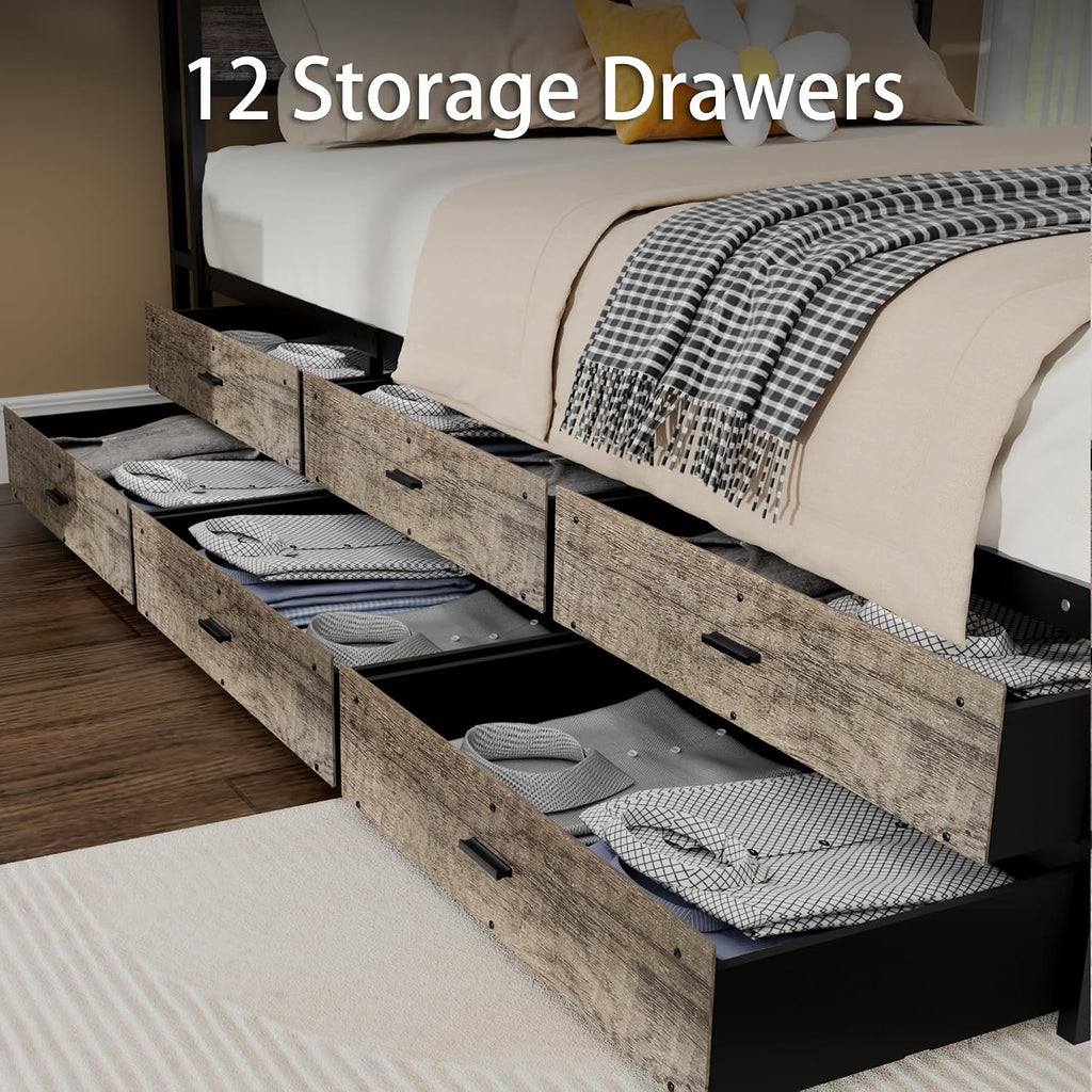 Metal Queen Bed Frame with Storage Headboard and 12 Drawers, Farmhouse Platform Bed with Charging Station, Metal Slats Support, No Box Spring Needed (Oak, Queen)