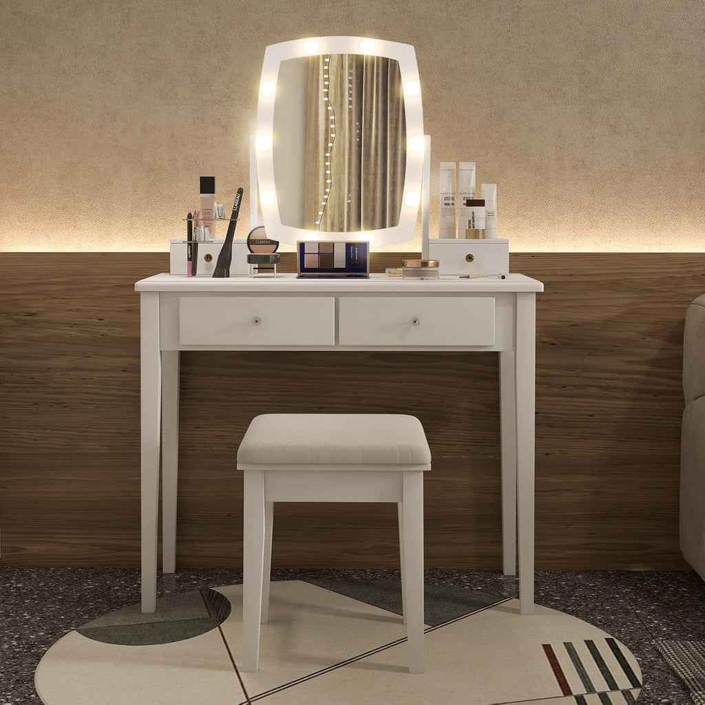 GOFLAME Vanity Table Set with Rotatable Lighted Mirror, 3-in-1 LED Lights, 4 Drawers, Dressing Table with Cushioned Stool for Bedroom (White)