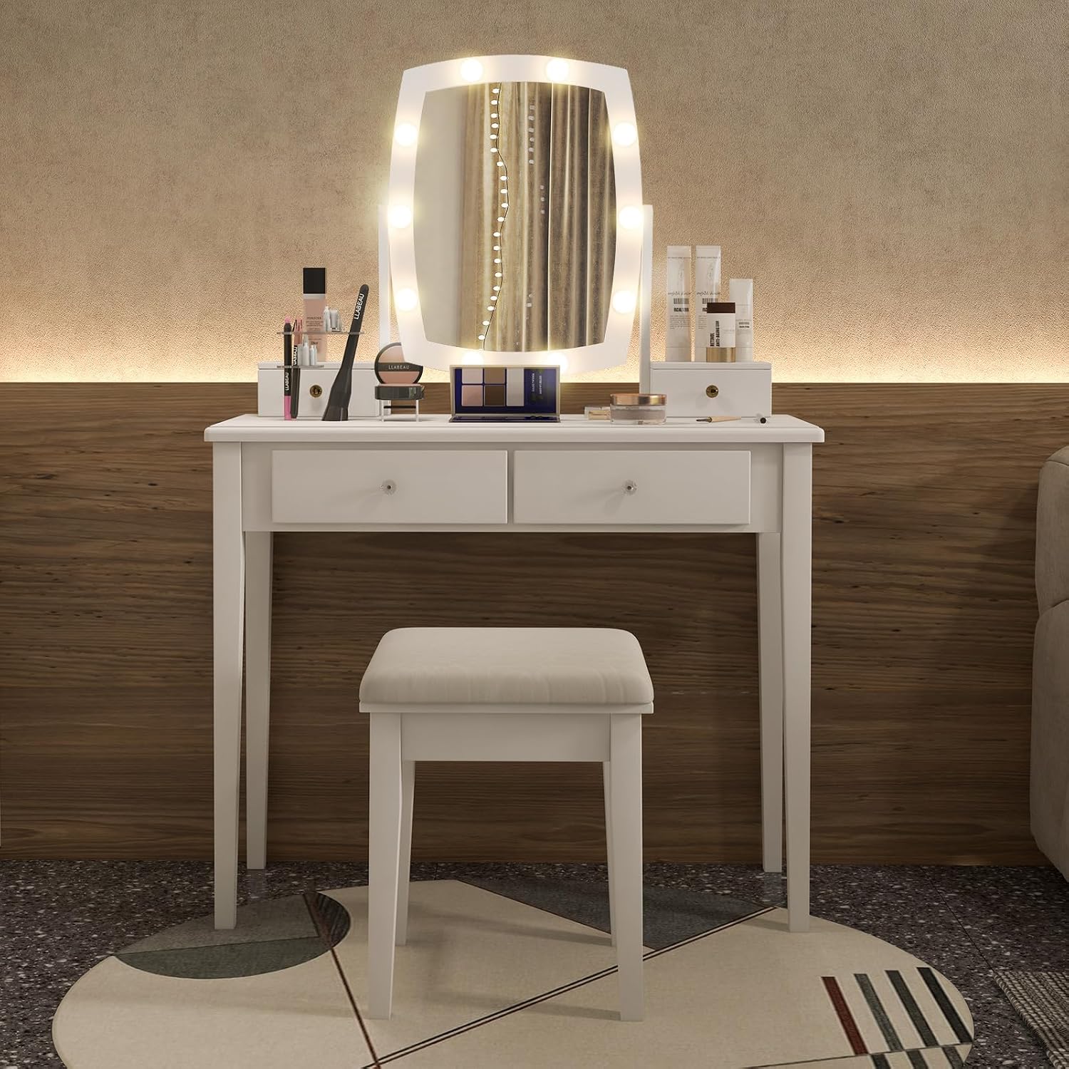 GOFLAME Vanity Table Set with Rotatable Lighted Mirror, 3-in-1 LED Lights, 4 Drawers, Dressing Table with Cushioned Stool for Bedroom (White)