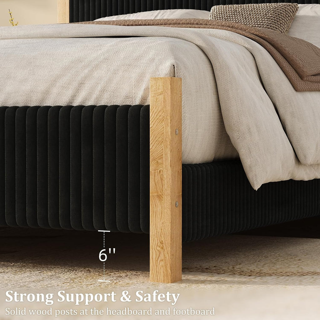 HOMBCK Bed Frame Full Size with Headboard, Corduroy Upholstered Full Bed Frame, No Box Spring Needed, 4 Solid Wood Support, Noise-Free, Easy Assembly for Teens, Apartments, Black