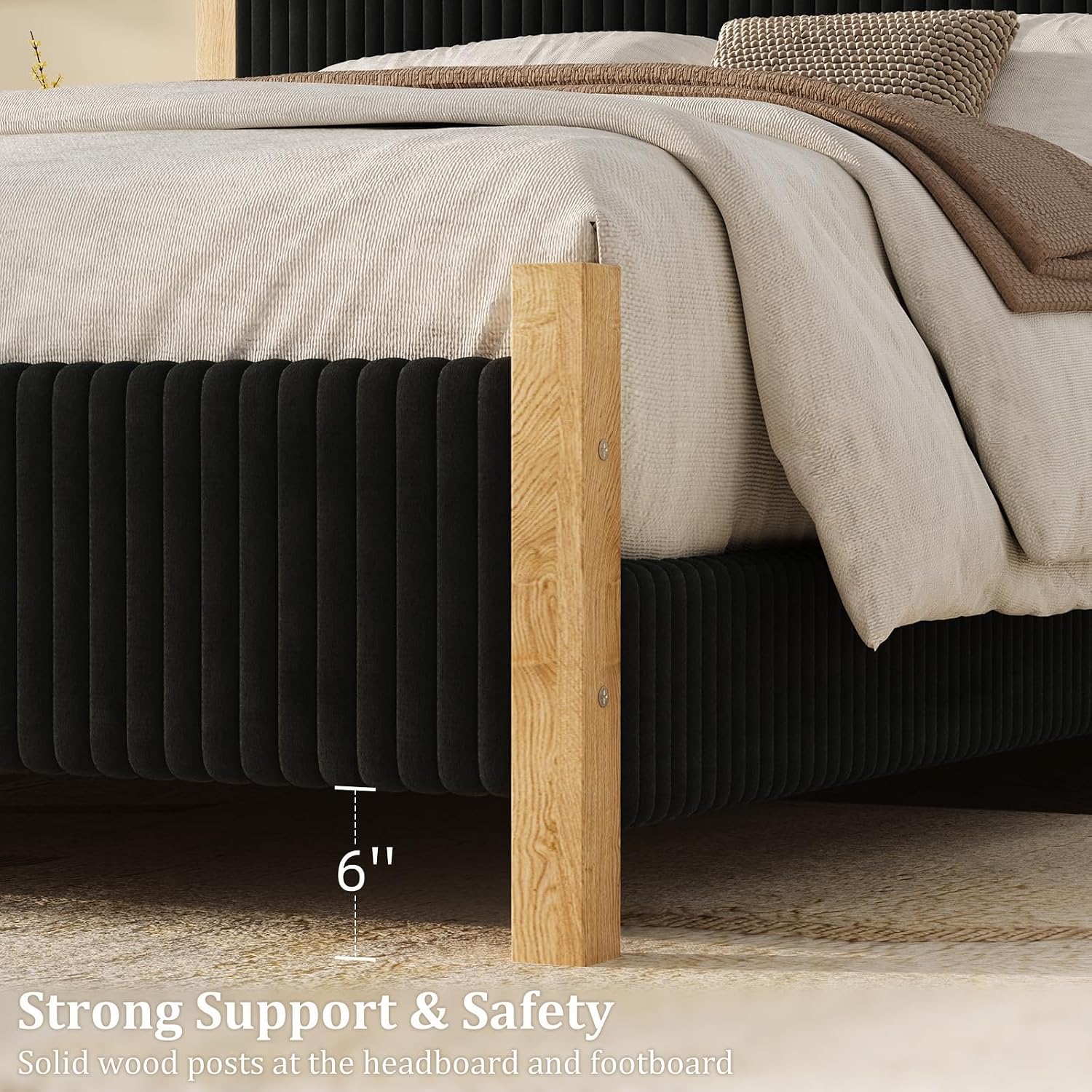 HOMBCK King Size Bed Frame with Headboard, Corduroy Upholstered King Bed Frame Wood, No Box Spring Needed, 4 Solid Wood Support, Noise-Free, Easy Assembly, Black
