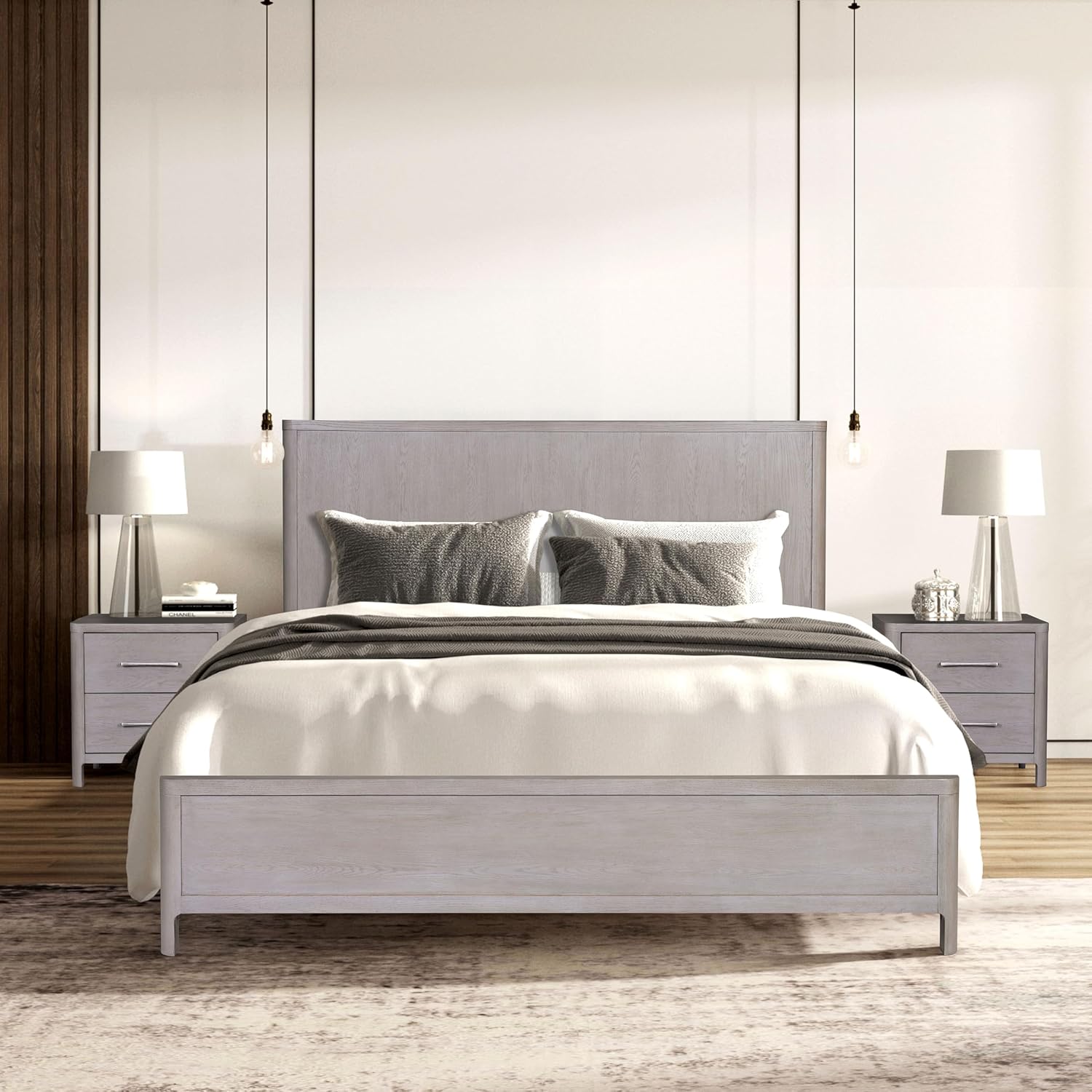 Furniture of America Fielden Modern Solid Wood 3-Piece Bedroom Set with USB Chargers on Nightstand, Felt-Lined Top and Cedarwood-Lined Bottom Drawers, Pewter Handles, Box Spring Required, Queen, Oak