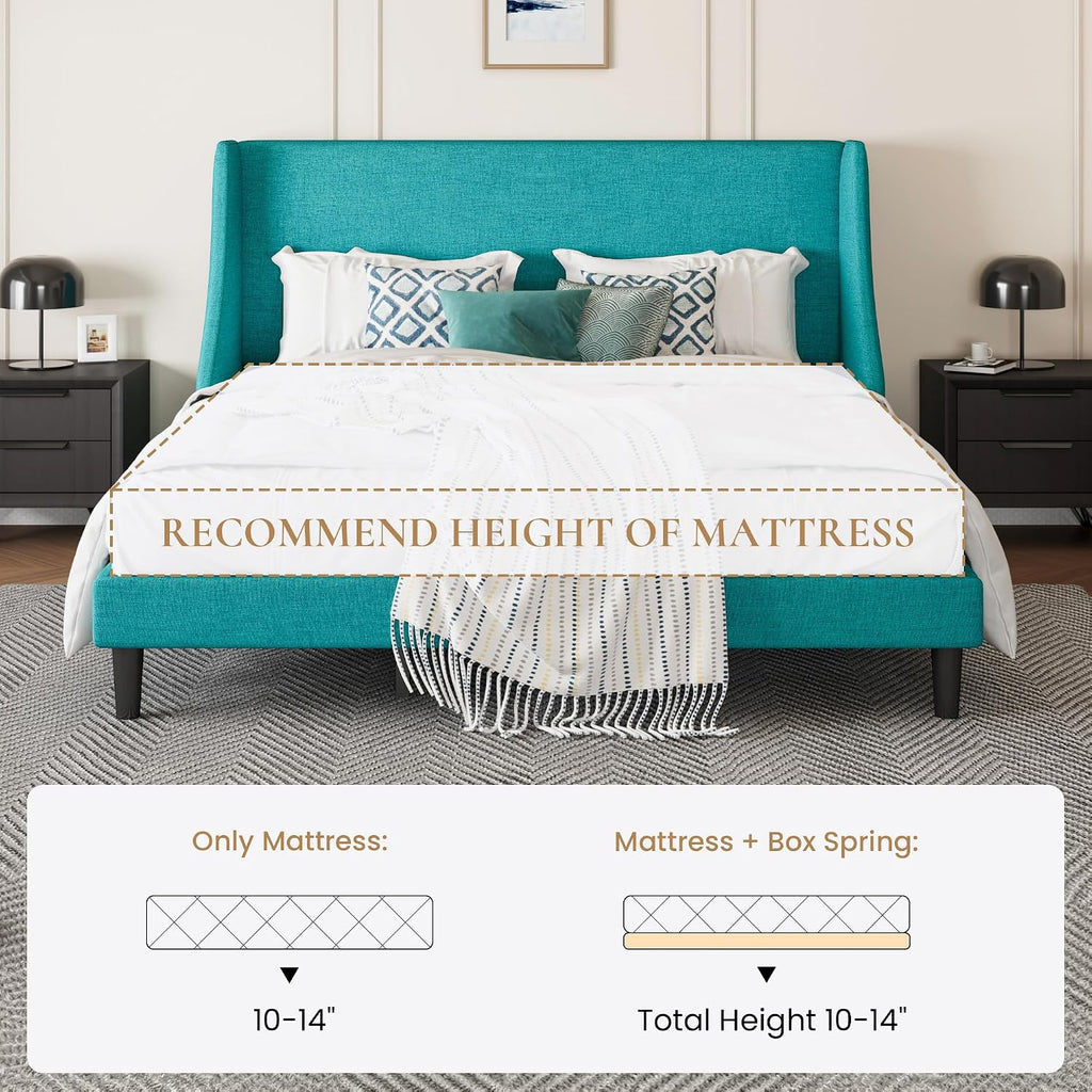 SHA CERLIN Upholstered Bed Frame King Size with Streamlined Wingback Headboard, Breathable Linen Fabric, Solid Wooden Slats, Easy Assembly, Blue