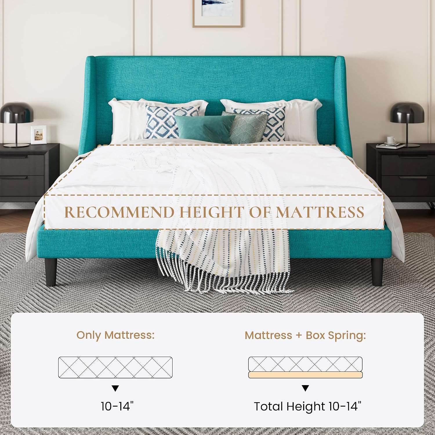 SHA CERLIN Upholstered Bed Frame King Size with Streamlined Wingback Headboard, Breathable Linen Fabric, Solid Wooden Slats, Easy Assembly, Blue