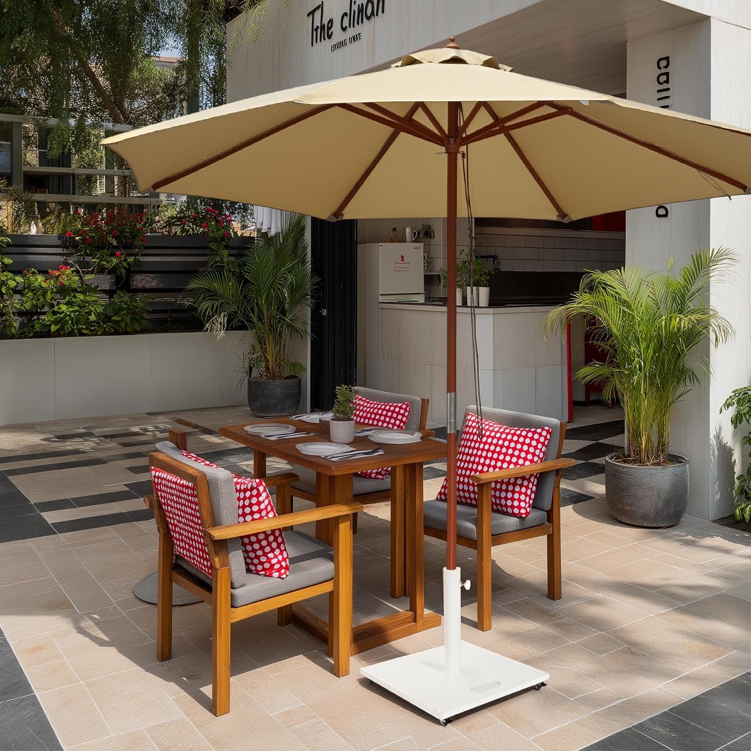 Yescom 9ft Coastal Solid Wood Umbrella Pulley Lift Commercial Base with Wheel Included for Seaside Restaurant Terrace Poolside Beach Club