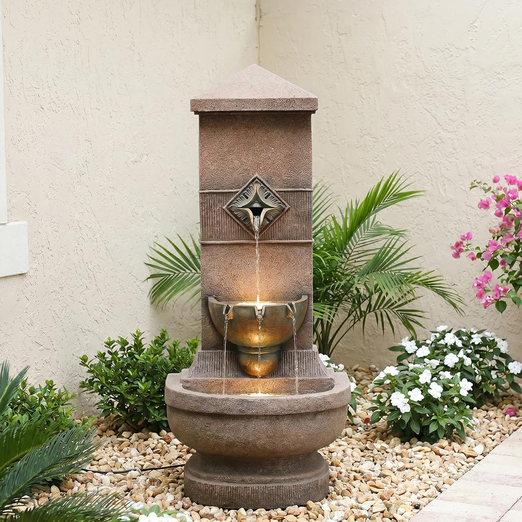 Bumilgar Outdoor Wall Fountain with LED Lights, 39.96' H Freestanding Garden Water Fountain, Large Floor Standing Patio Waterfall Feature, European Resin Flat Back Yard Courtyard Porch Décor