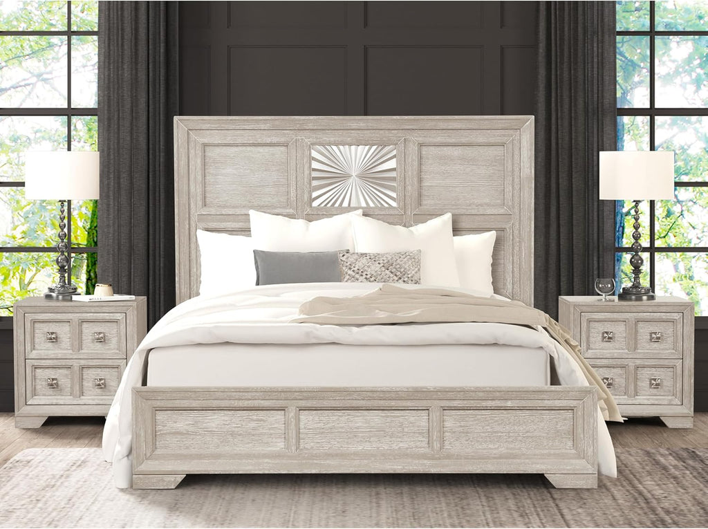 Furniture of America Narella Modern Wood 3-Piece Bedroom Set with Sunburst Pattern, Nickel Brushed Wire Hardware, Felt-Lined Top Drawers, Bracketed Feet, Box Spring Needed, Queen, Light Gray