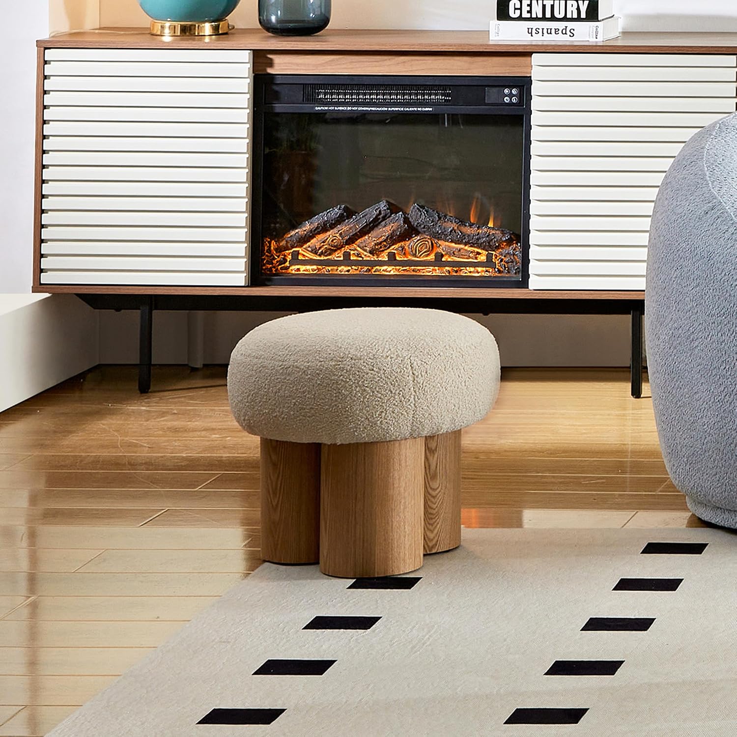 Mushroom Ottoman Stool with Teddy Fabric Round Seat, Three-Leg Wood Grain Base, Plush Foot Rest for Entryway Living Room Bedroom Vanity Makeup Corner Accent Seating Side Table Modern (Greige)