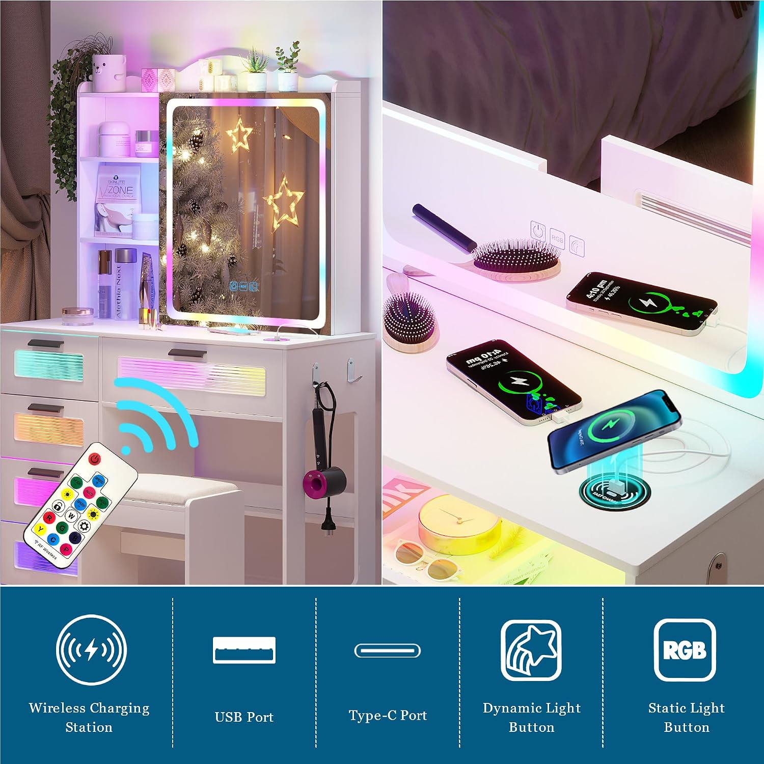 WOOVIVS Vanity with LED Mirror, 6 Drawer Dresser with Charging Station for Bedroom, Small Makeup Vanitys Table with RGB Light, Vanity Set with Chair,Jewelry Organizer for Girls-White