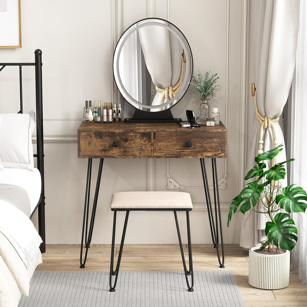 Byroce Vanity Desk with Lighted Mirror, 3 Color Lighting Modes, Adjustable Brightness, 2 Large Drawers & Acrylic Storage Box, Makeup Vanity Table with Cushioned Stool for Bedroom (Rustic Brown)