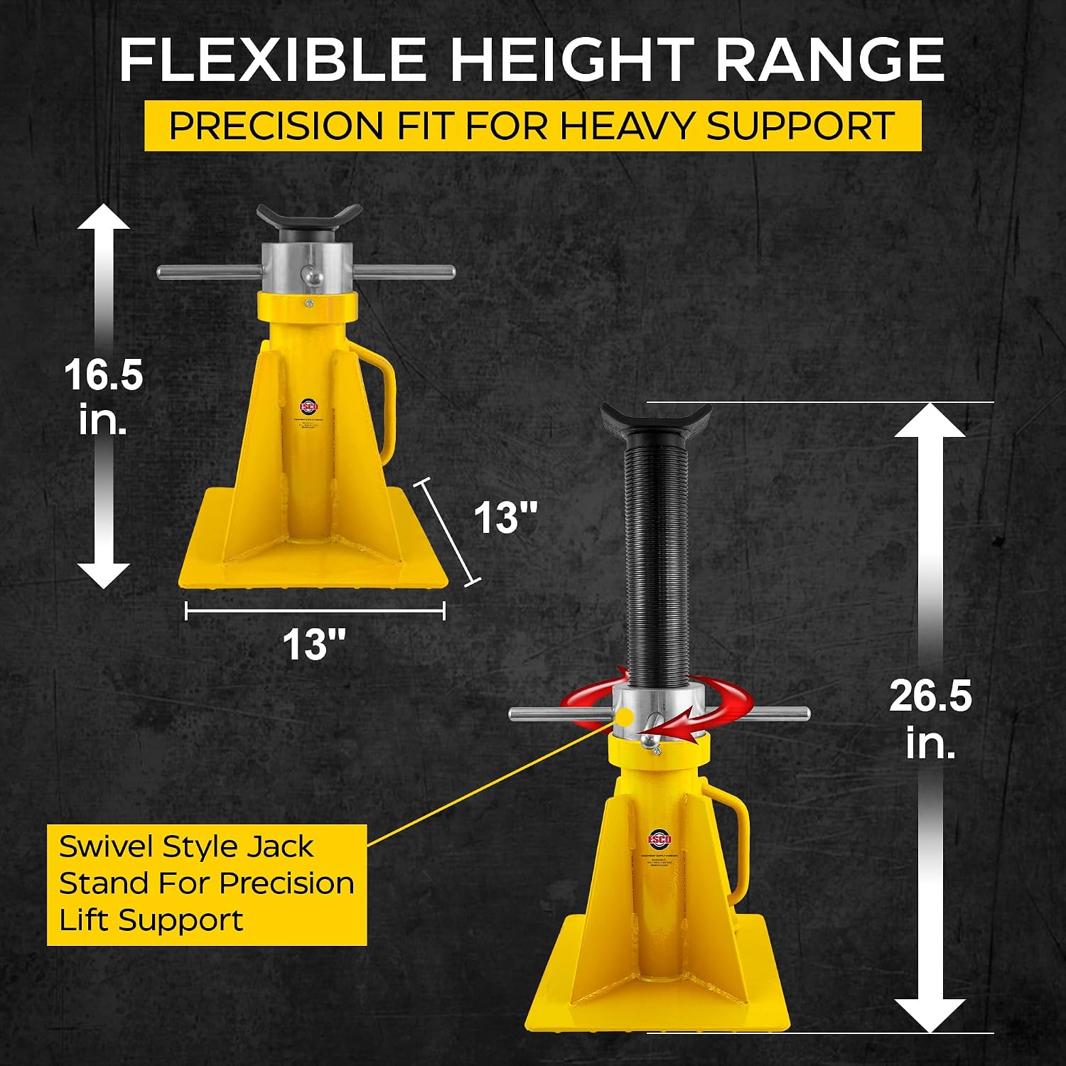 ESCO 20 Ton Swivel Screw Jack Stand - 10802 | Heavy Duty Adjustable Jack Stand for Trucks, Trailers, RVs & Equipment | 40,000 lbs Capacity | 16.5'–26.5' Height Range | Wide Steel Base for Stability