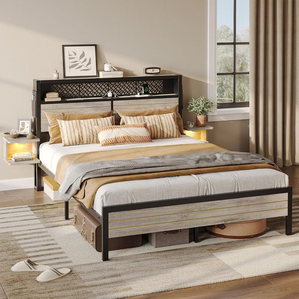 Bestier Queen Bed Frame with Horizontal Golden Stripe Storage Headboard&LED Nightstands, Metal Platform Bed with Charging Station, Heavy Duty Metal Slats, No Box Spring Needed, Noise Free(Grey Oak)