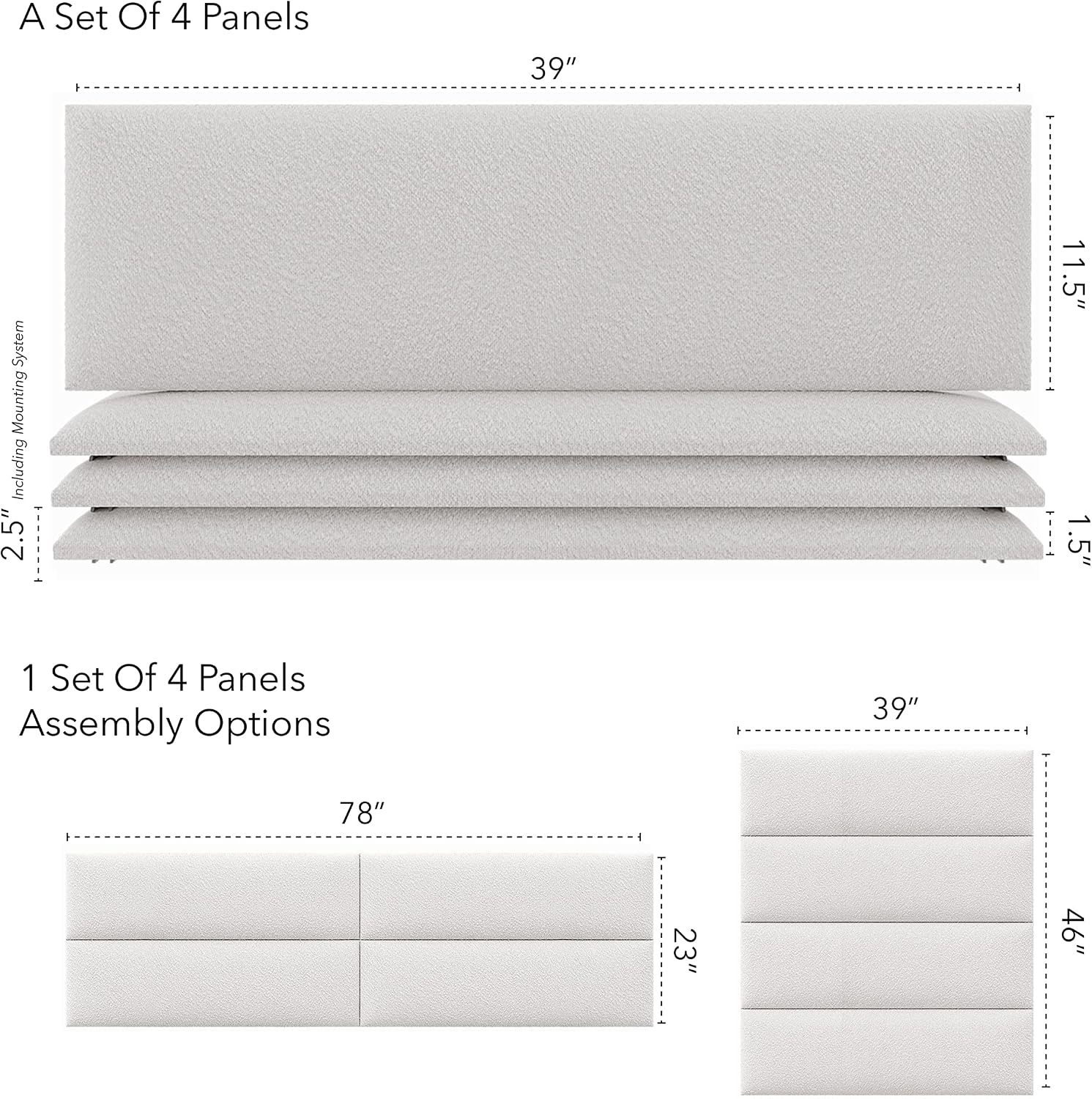 Vänt Upholstered Wall Panels - King/Cal King Size Wall Mounted Headboards - Boucle Ivory - Twin/King - Set of 4 Panels (Each Individual Panel 39'x11.5')