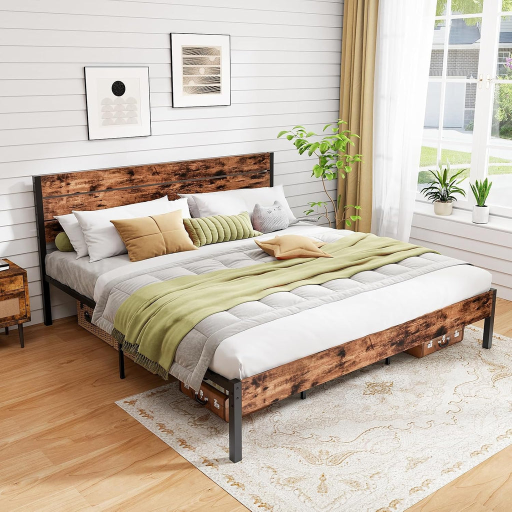 GOFLAME King Size Bed Frame, Metal Platform Bed with Under-Bed Storage Space & Slatted Headboard, Industrial Bed Base, No Box Spring Needed Mattress Foundation, Rustic Brown