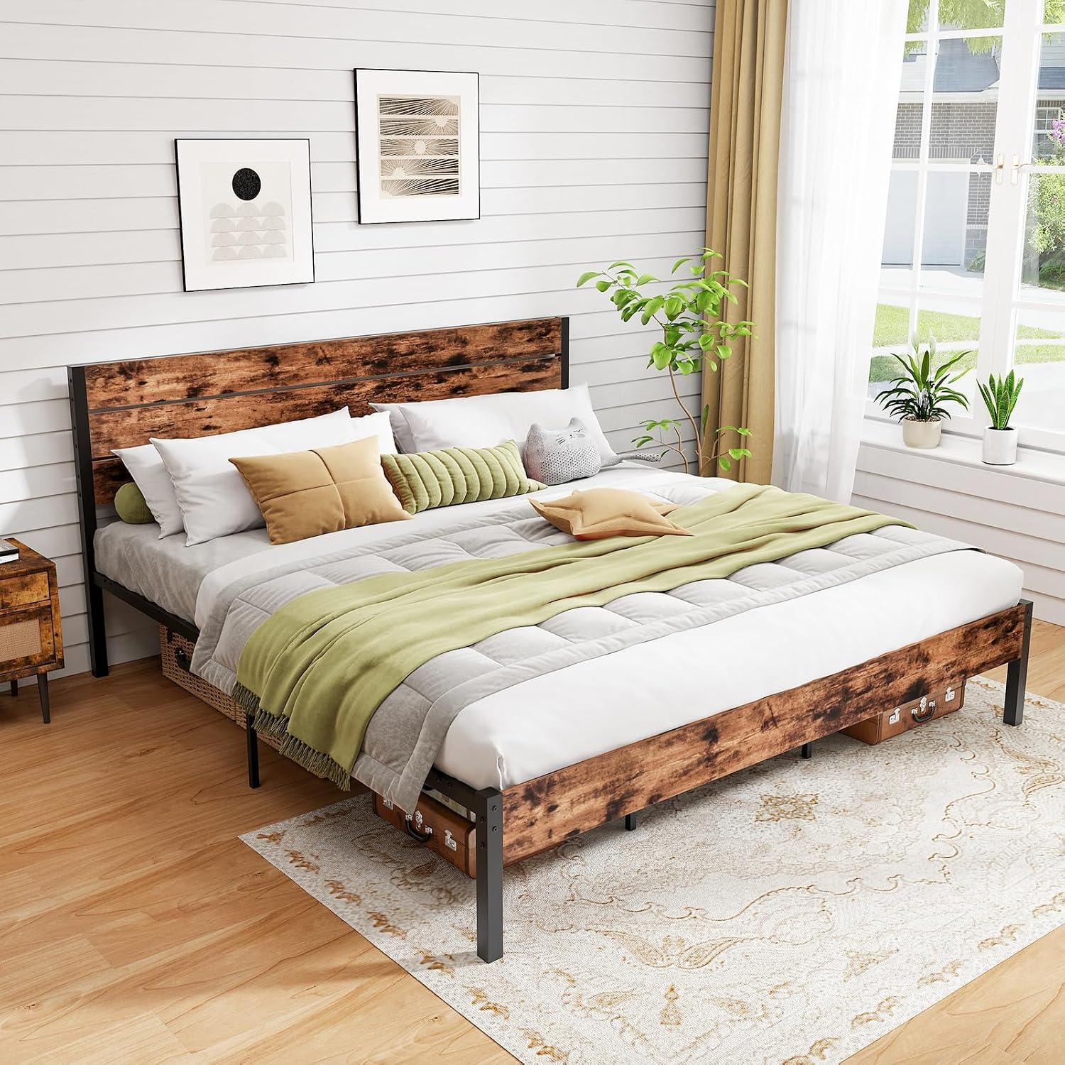 GOFLAME King Size Bed Frame, Metal Platform Bed with Under-Bed Storage Space & Slatted Headboard, Industrial Bed Base, No Box Spring Needed Mattress Foundation, Rustic Brown