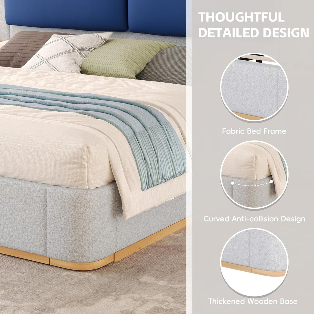 Luxury Bed Frame with Nightstands Modern Bedroom Set, Grey King Size Floor Platform Bed with Oversize Soft Upholstered Tall Headboard Bedframe, No Box Spring Needed (Blue+Grey, King)