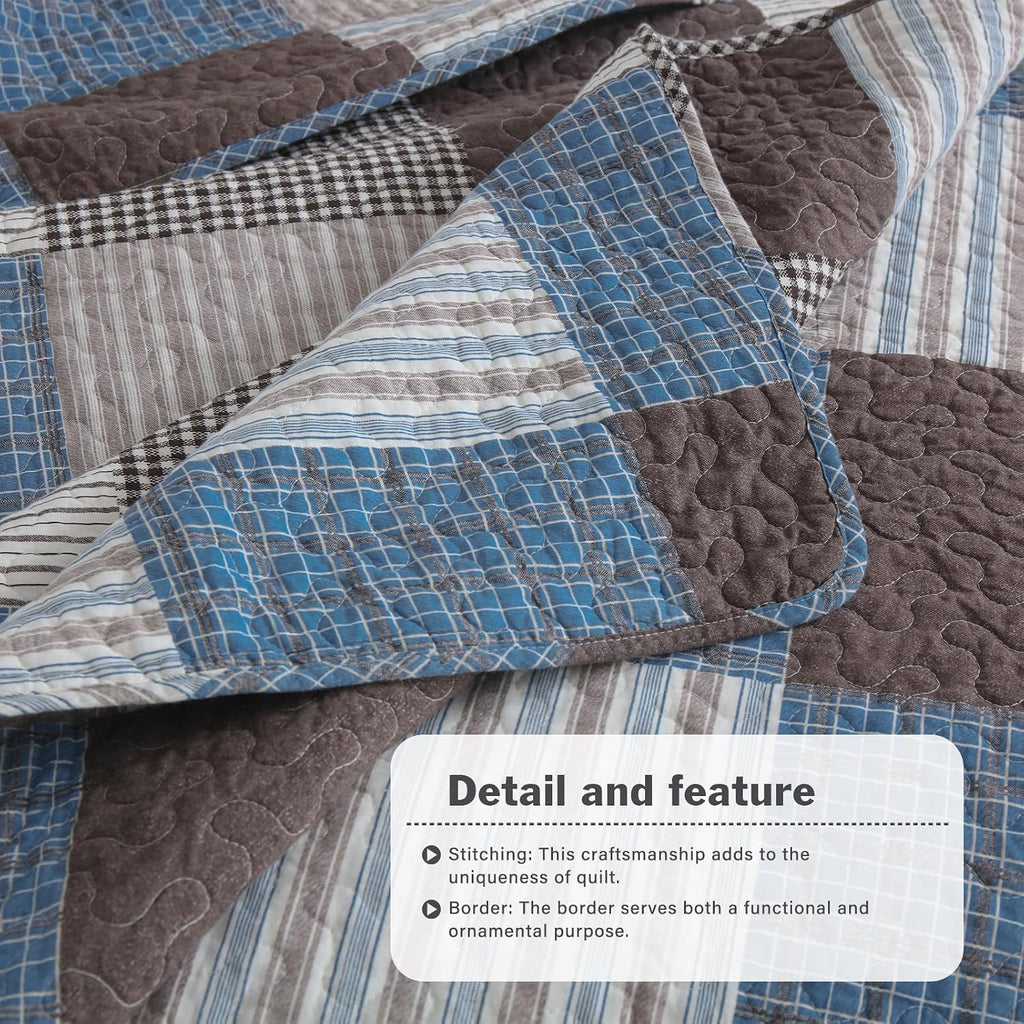 Y-PLWOMEN 100% Cotton Farmhouse Plaid Lightweight 3-Pieces Quilt Set (Blue Brown, King98 * 106 Inch)