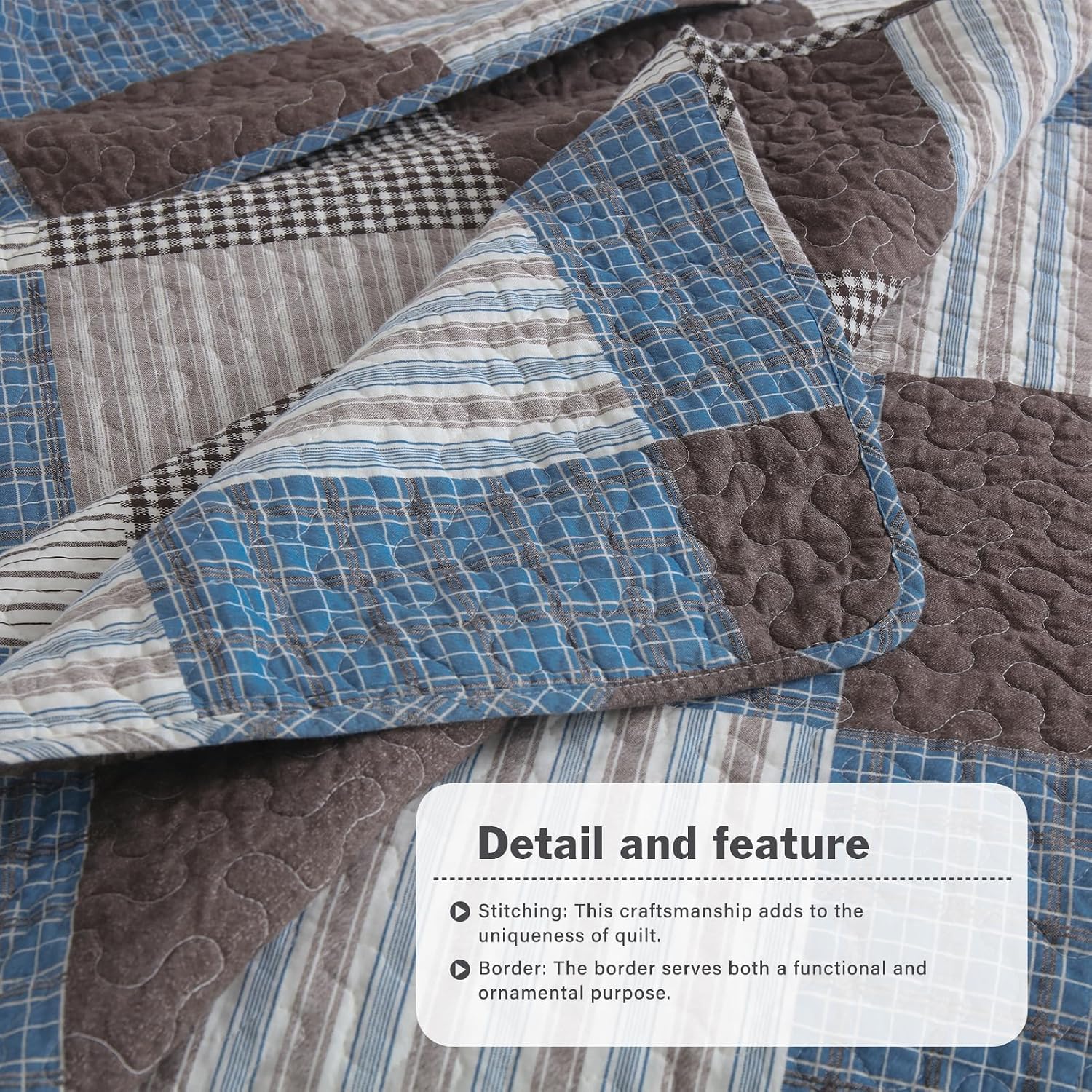 Y-PLWOMEN 100% Cotton Farmhouse Plaid Lightweight 3-Pieces Quilt Set (Blue Brown, King98 * 106 Inch)