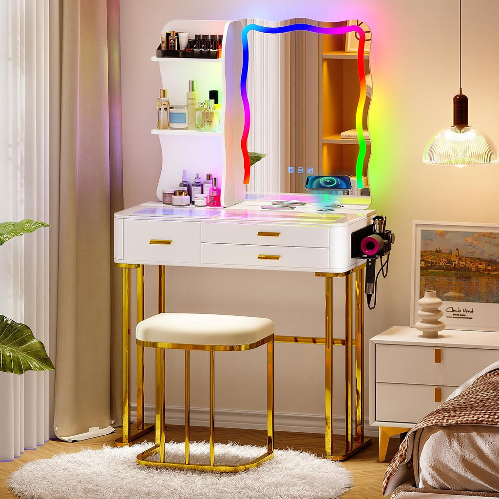 Lvifur RGB Makeup Vanity Desk with Wireless Charging Station,7 Dynamic and 7 Static Dimmable Vanity Table with Visible Glass Top,Auto Sensor Make up Vanity with Mirror and Lights,Stool (White & Gold)