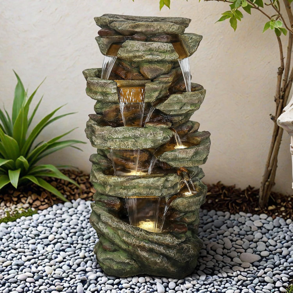 SunJet 59' High Multi-Tiers Cascading Rock Outdoor Water Fountain with LED Lights - Large Outdoor Fountains and Waterfalls for Garden or Patio, Yard, and Deck Decor, Featuring Natural Stone Look