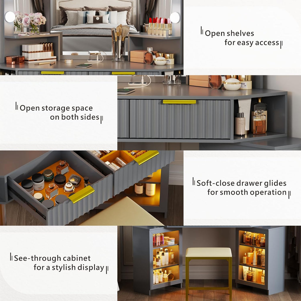 Vanity Desk with Charging Station & LED Lights Mirror – Corner Design HD Triple Mirror Makeup Vanity Table Set with Storage Drawers & Chair for Living Room/Bedroom Ideal Gift (Grey-113)