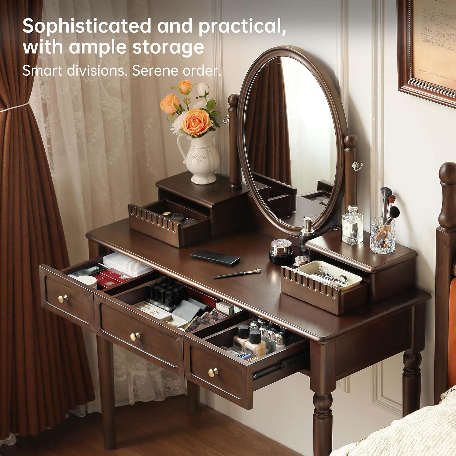 Solid Wood Vanity Desk with Mirror, Walnut Vintage Dressing Table for Bedroom, Antique Catalpa Makeup Table, 43' W x 18' D x 56' H