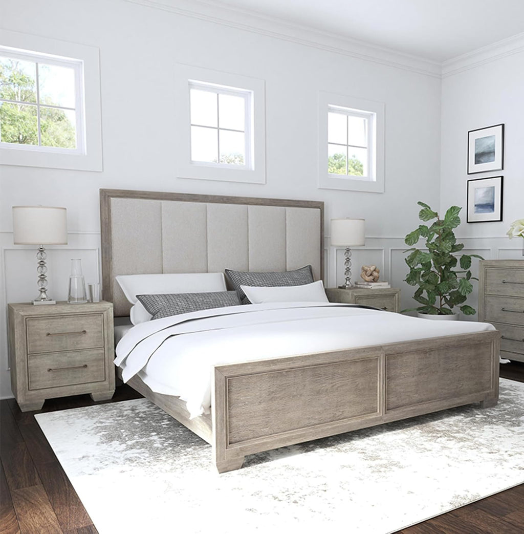 Roundhill Furniture Ennesley 3-Piece Gray Wood Bedroom Set, Upholstered Bed and 2 Nightstands, King