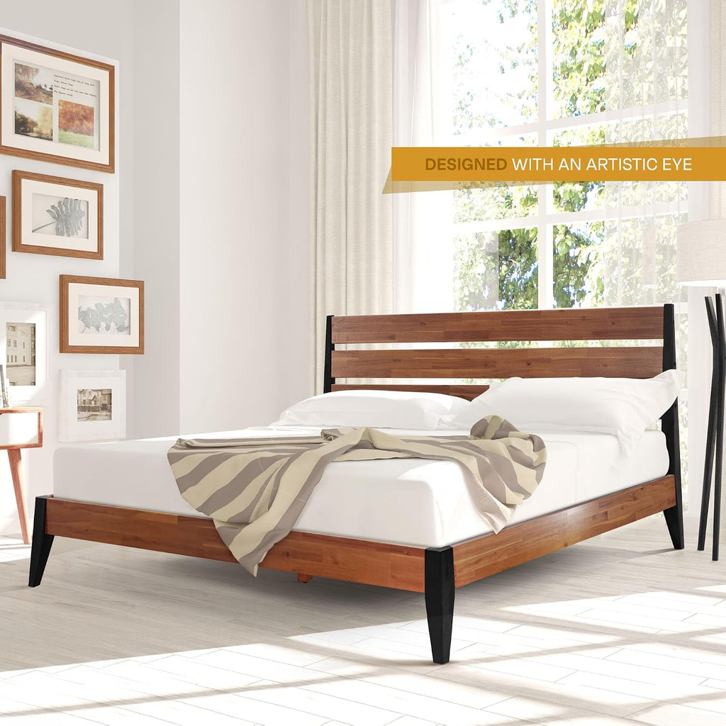 Acacia Emery Bed Frame with Headboard 100% Solid Wood Platform Bed, Scandinavian Bed Style with All Mattresses, Non-Slip and Noise-Free, 30 Mins Assembly, Queen Size Bed Frame, Americano