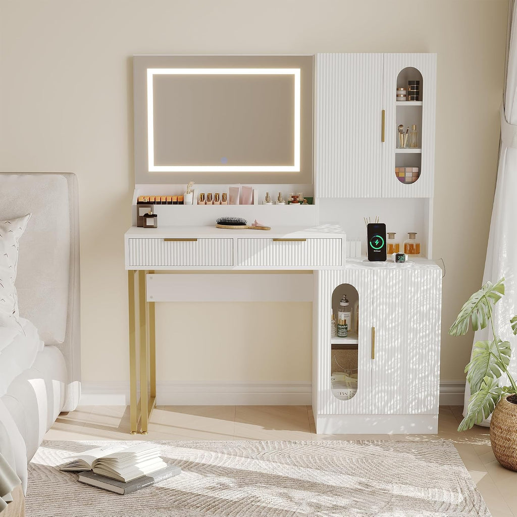 Garvee Fluted Vanity with Mirror and Lights, Wooden Vanity Desk, Makeup Table with Charging Station, Drawers & Storage Cabinets, White