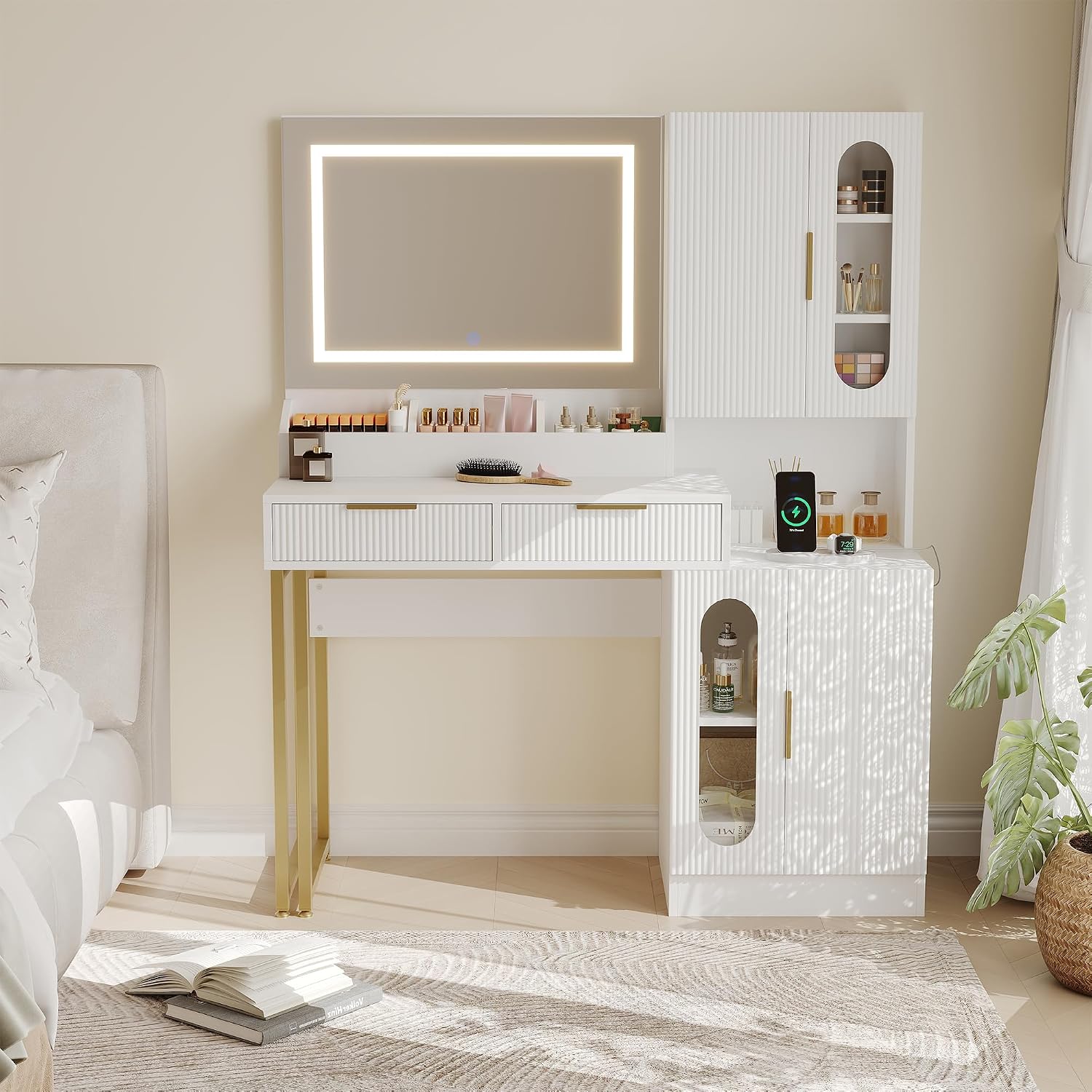 Garvee Fluted Vanity with Mirror and Lights, Wooden Vanity Desk, Makeup Table with Charging Station, Drawers & Storage Cabinets, White