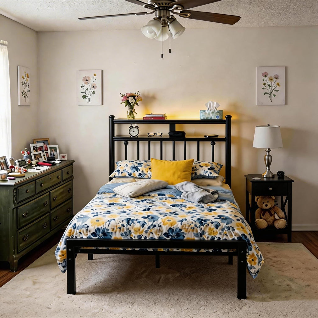 Homkdom 14 Inch Twin Metal Platform Bed Frames with 2-Tier Storage Headboard, Victorian Twin Bed Frame with Under Bed Storage/No Box Spring Needed/Easy Assembly, Black