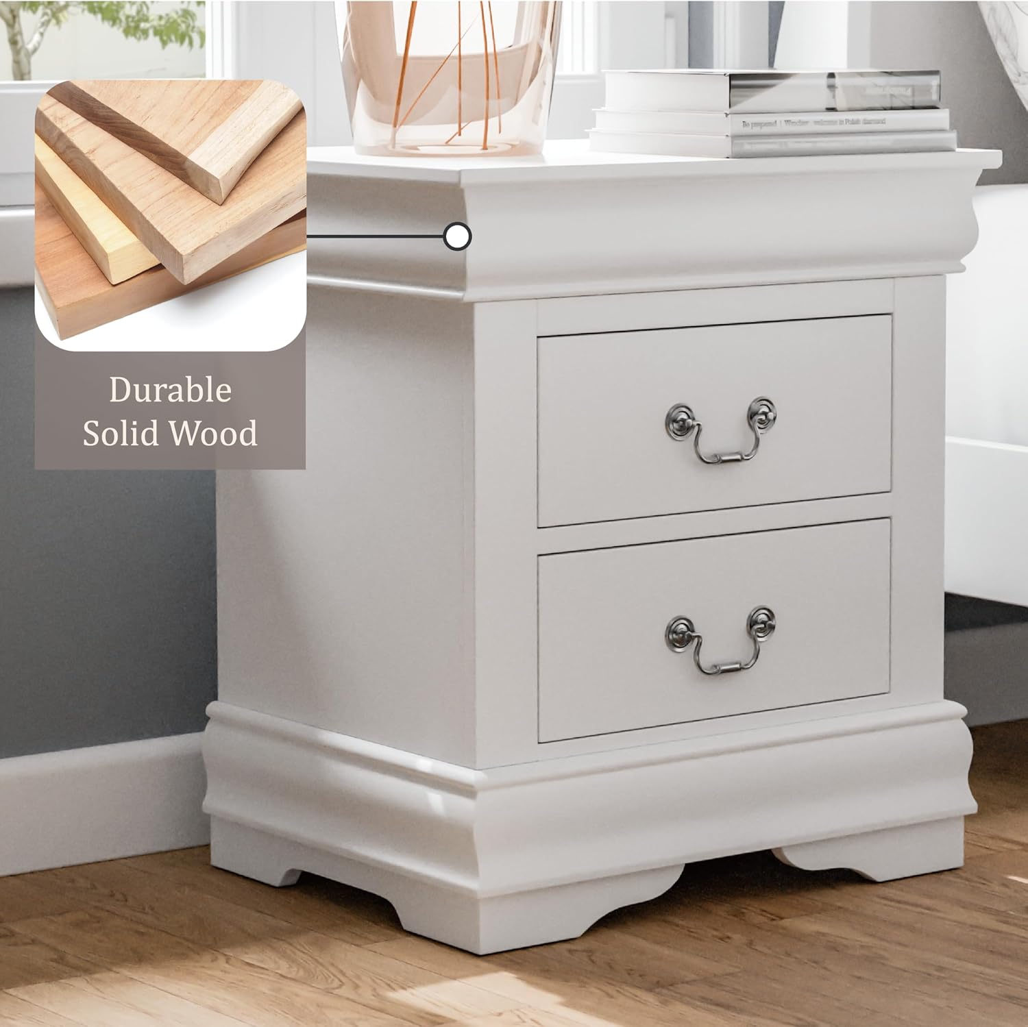 Furniture of America Louis Philippe Traditional Solid Wood 3 Piece Bedroom Set, Queen Bed Frame and Nightstands Set of 2, Sleigh Design Bedframe with Headboard and Footboard, Box Spring Needed, White
