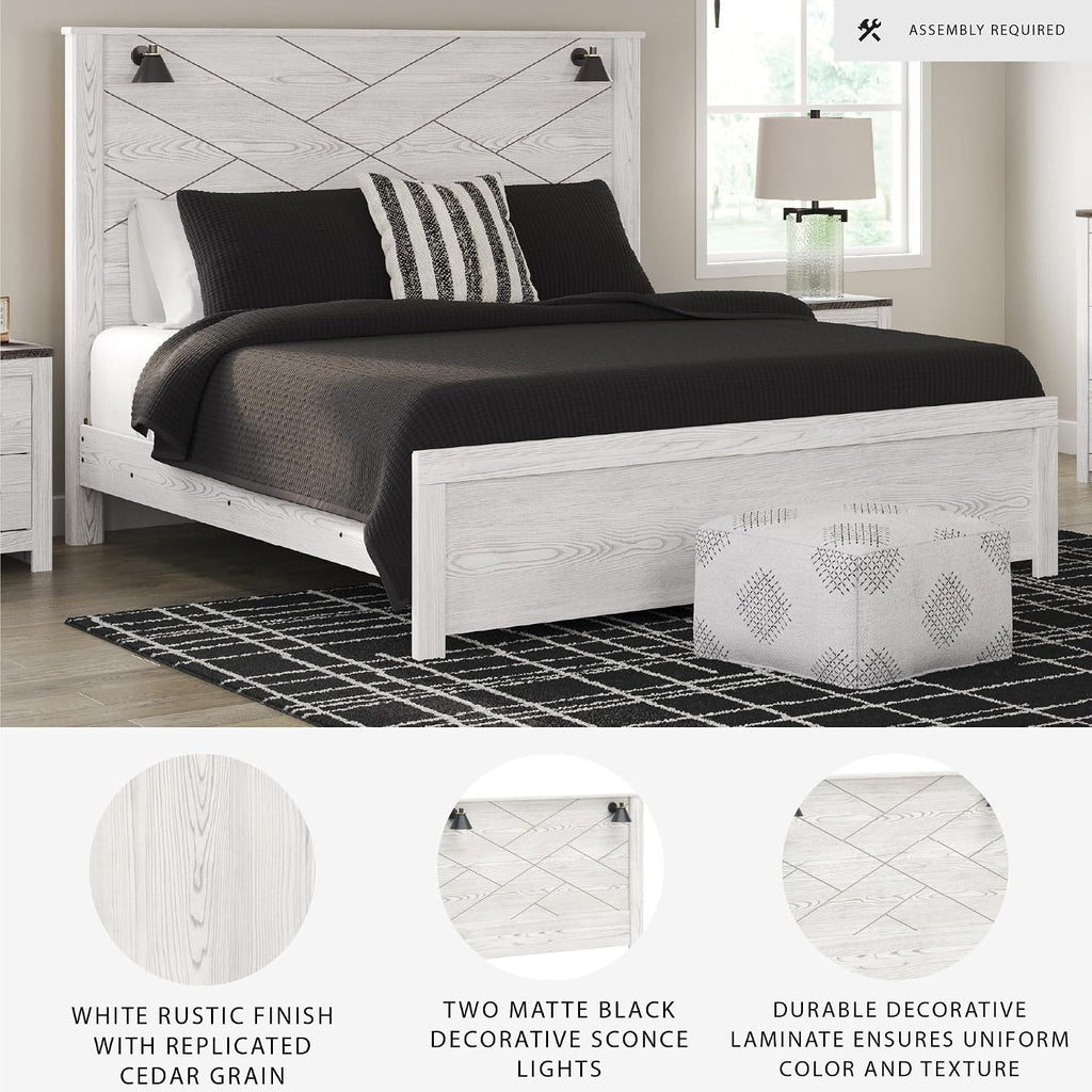 Signature Design by Ashley Gerridan Casual King Panel Bed with Sconce Lights and Metal Slats, Foundation or Box Spring Needed, White