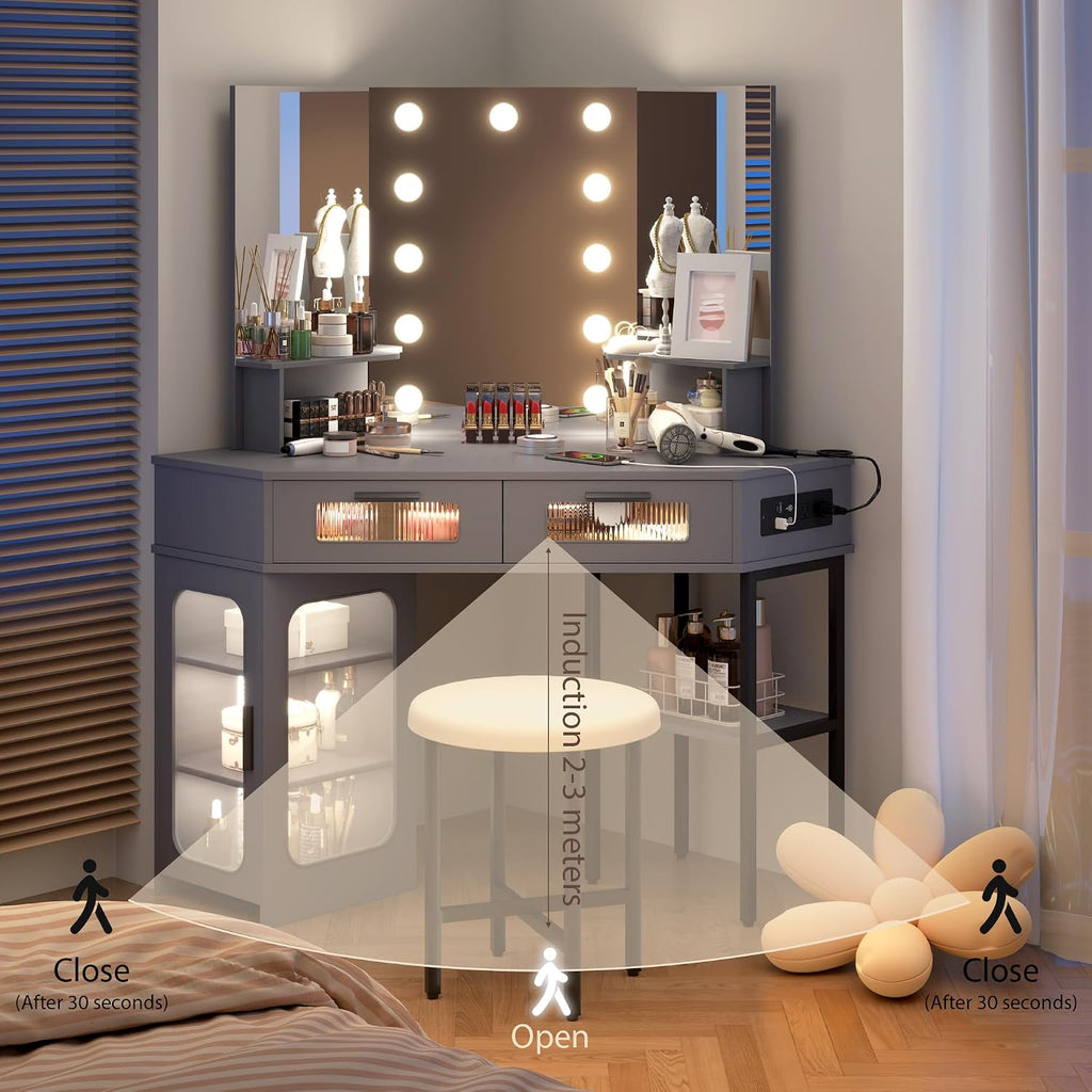 Lareth Corner Vanity Desk with 3 Way Mirror and Lights, Modern Makeup Vanity with Charging Station, Stool, 45.5' Large Bedroom Dressing Table with 2 Drawers & Shelves, Gifts for Girls Women, Grey