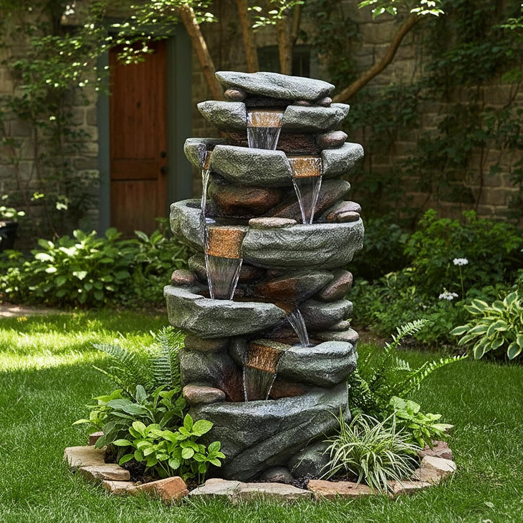 Naturefalls 40.55inches High Outdoor Rock Water Fountain with LED Lights - 6-Tiers Poly-Resin Cascading Waterfall Fountain for Garden, Patio, Yard, Home Decor