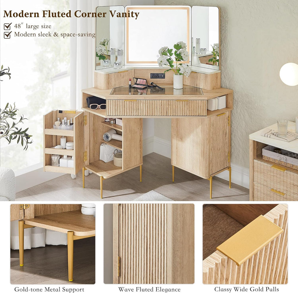 T4TREAM 48' Fluted Makeup Vanity Desk with HD Triple Mirror and Lights, Large Lighted Corner Vanity with Glass Top, Modern Dressing Table with 3 Drawers & 2 Cabinets for Bedroom, Natural Oak