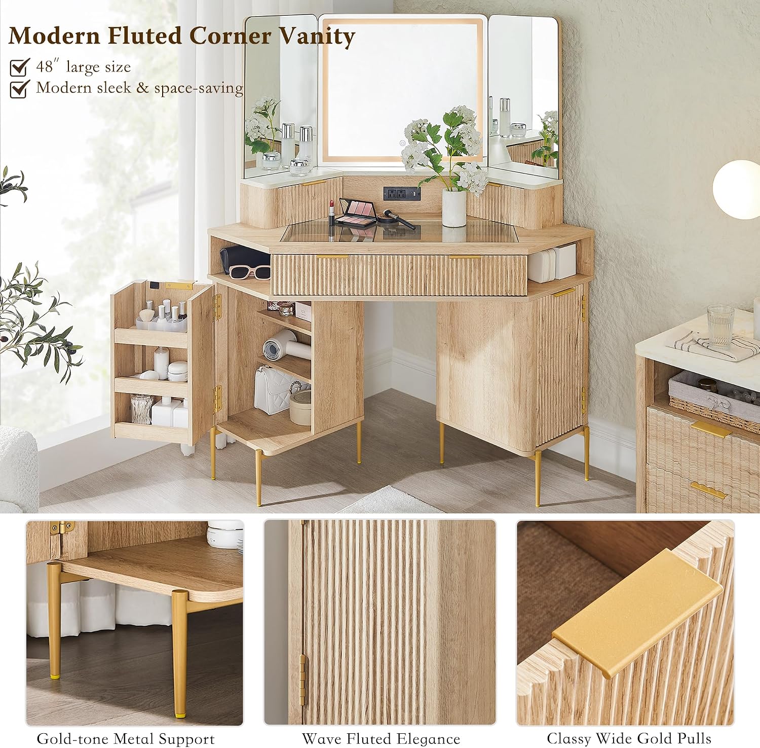 T4TREAM 48' Fluted Makeup Vanity Desk with HD Triple Mirror and Lights, Large Lighted Corner Vanity with Glass Top, Modern Dressing Table with 3 Drawers & 2 Cabinets for Bedroom, Natural Oak